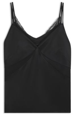 Top tipo camisola de sat&eacute;n con ribetes de encaje, Negro