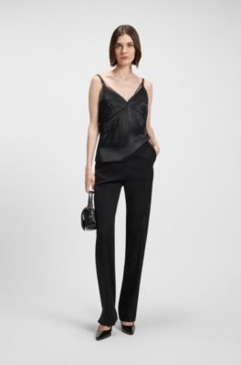 Top tipo camisola de sat&eacute;n con ribetes de encaje, Negro