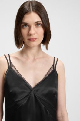 Top tipo camisola de sat&eacute;n con ribetes de encaje, Negro