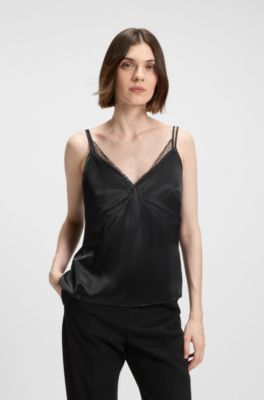 Top tipo camisola de sat&eacute;n con ribetes de encaje, Negro