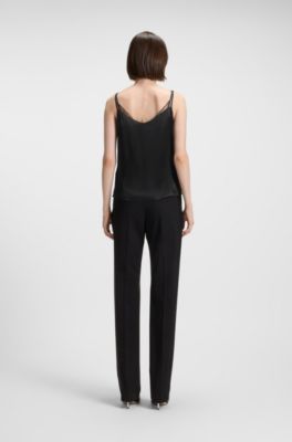 Top tipo camisola de sat&eacute;n con ribetes de encaje, Negro