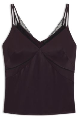 Top tipo camisola de sat&eacute;n con ribetes de encaje, Luz p&uacute;rpura