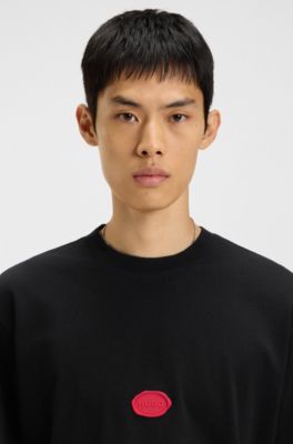 Camiseta de punto de algod&oacute;n con logotipo estampado encerado, Negro