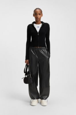 Wide-leg parachute trousers in faux leather, Black