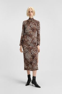 Vestido midi con estampado de leopardo y lazo en el cuello, Fantas&iacute;a