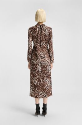 Tie-collar dress with leopard print, Patterned