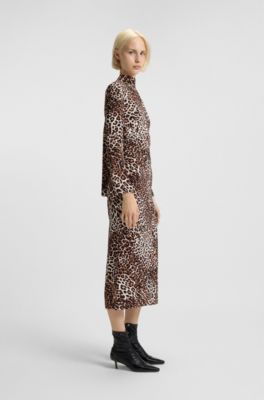 Tie-collar dress with leopard print, Patterned
