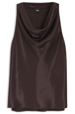 Blusa de sat&eacute;n con escote en cascada, Marr&oacute;n