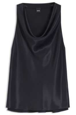 Blusa de sat&eacute;n con escote en cascada, Azul oscuro