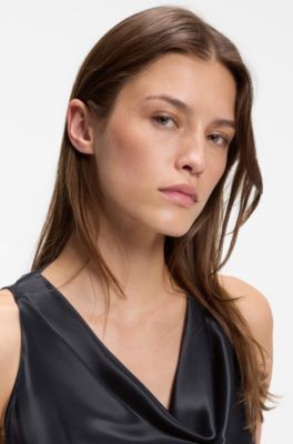 Blusa de sat&eacute;n con escote en cascada, Azul oscuro