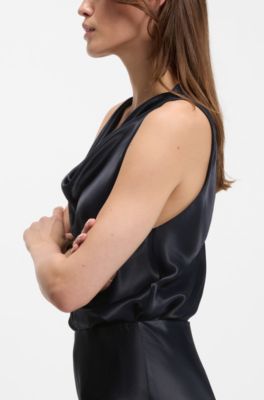 Blusa de sat&eacute;n con escote en cascada, Azul oscuro