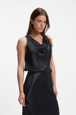 Blusa de sat&eacute;n con escote en cascada, Azul oscuro