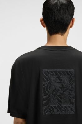 Camiseta de punto de algod&oacute;n con logos bordados, Negro