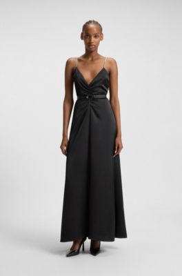 Robe longue &agrave; bretelles en strass, Noir