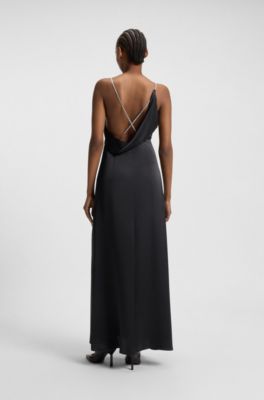 Robe longue &agrave; bretelles en strass, Noir