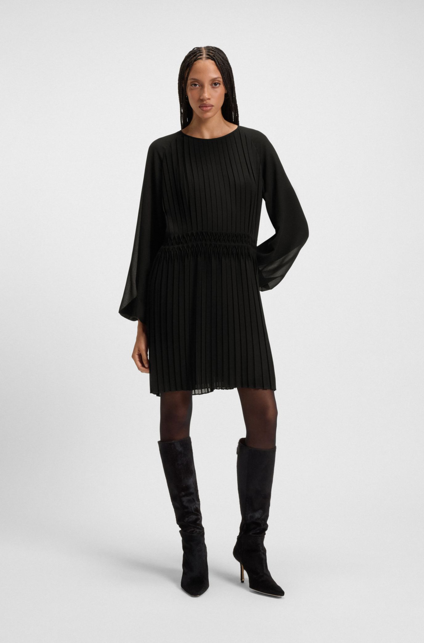 black long sleeve pleated dress Women's Front Knot Pleat Maxi Dress - Size 10