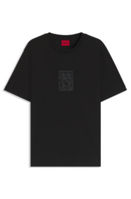 Camiseta de punto de algod&oacute;n con ilustraci&oacute;n bordada, Negro