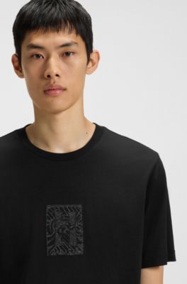 T-shirt en jersey de coton &agrave; motif artistique brod&eacute;, Noir