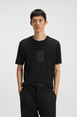 T-shirt en jersey de coton &agrave; motif artistique brod&eacute;, Noir