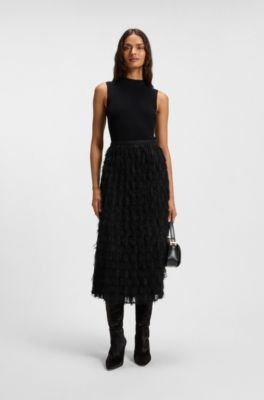 Falda l&aacute;piz en jacquard con motivo de plumas, Negro