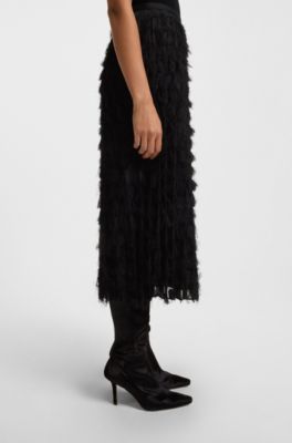 Falda l&aacute;piz en jacquard con motivo de plumas, Negro