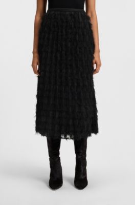 Falda l&aacute;piz en jacquard con motivo de plumas, Negro