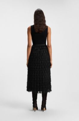 Falda l&aacute;piz en jacquard con motivo de plumas, Negro