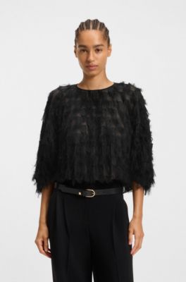 Relaxed-fit blouse in feather jacquard, Black