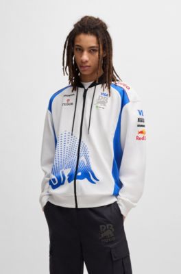 Sudadera HUGO&nbsp;x&nbsp;VCARB con capucha y cremallera para aficionados con motivo de toro, Blanco