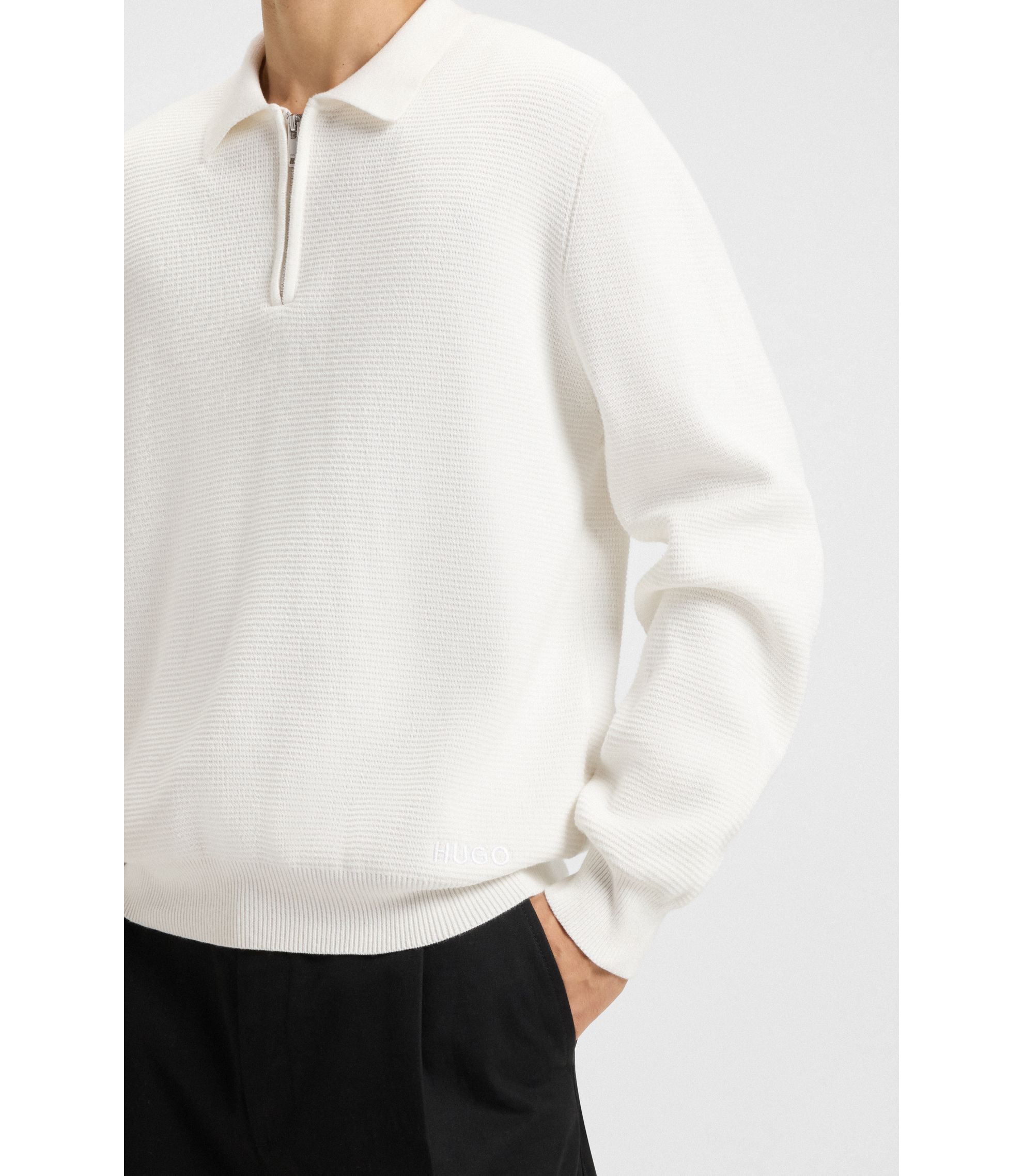 HUGO - Zip-neck knit polo in interlock cotton - White