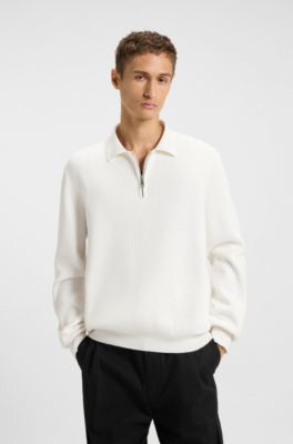 Zip-placket sweater in cotton, White