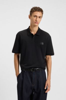 Split-logo relaxed-fit polo shirt in cotton piqu&eacute;, Black
