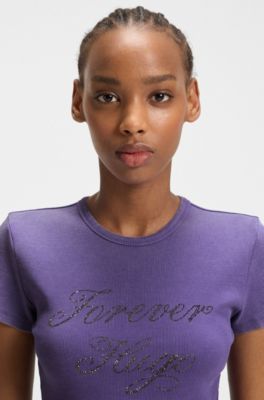 Camiseta slim fit de algod&oacute;n el&aacute;stico con logo de estr&aacute;s, Lila
