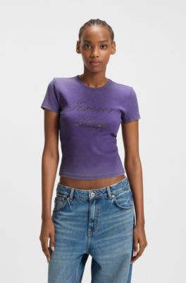 Camiseta slim fit de algod&oacute;n el&aacute;stico con logo de estr&aacute;s, Lila