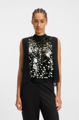 Blusa regular fit con apliques de lentejuelas, Negro