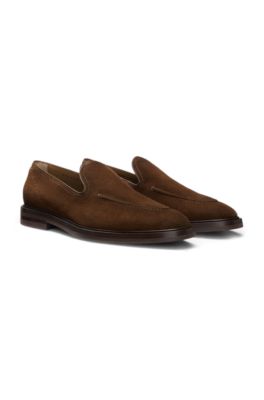 Leather-piped loafers in suede, Dark Brown