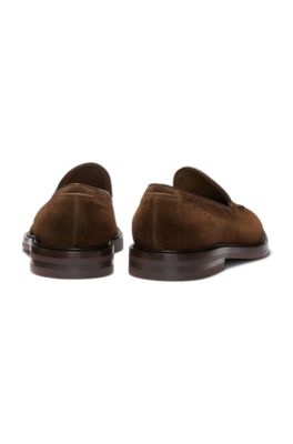 Leather-piped loafers in suede, Dark Brown