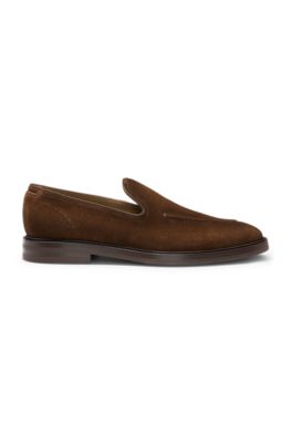 Leather-piped loafers in suede, Dark Brown