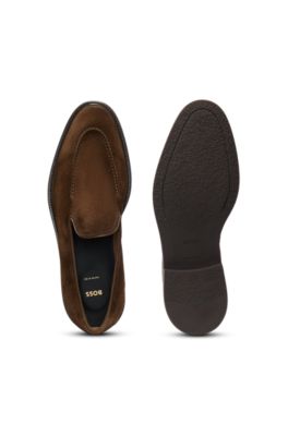Leather-piped loafers in suede, Dark Brown