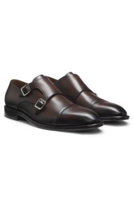 Double-strap monk shoes in leather, Dark Brown