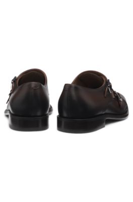 Double-strap monk shoes in leather, Dark Brown