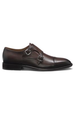 Double-strap monk shoes in leather, Dark Brown