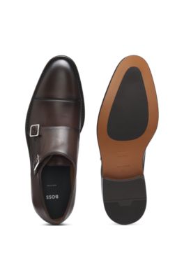 Zapatos de piel con hebilla doble, Marr&oacute;n oscuro