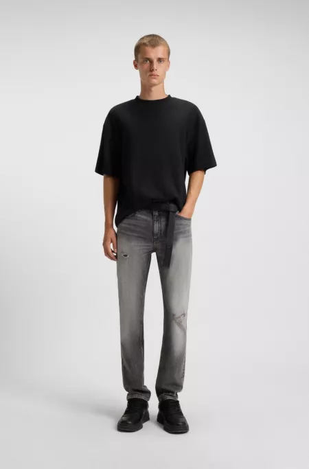 Grey slim-fit jeans in distressed denim