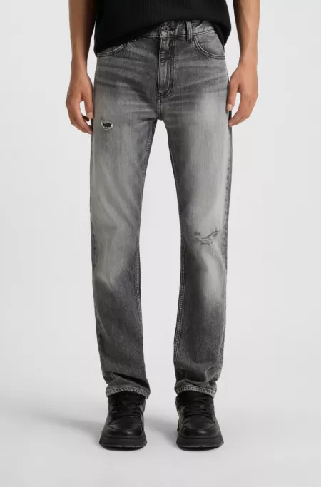 Grey slim-fit jeans in distressed denim