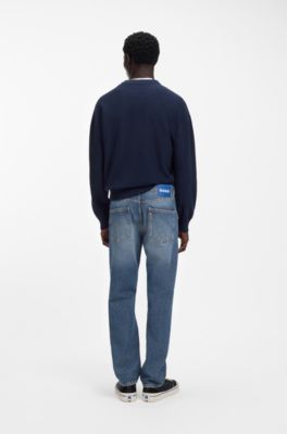 Jeans regular fit en denim azul con arrugas, Azul