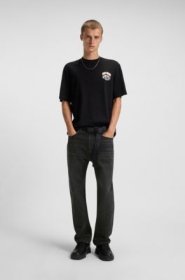Jeans regular fit en denim lavado negro, Gris oscuro