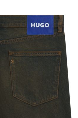 Green-cast regular-fit jeans in rigid denim, Dark Green