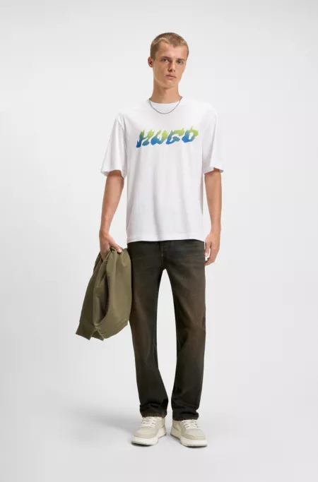 Green-cast regular-fit jeans in rigid denim