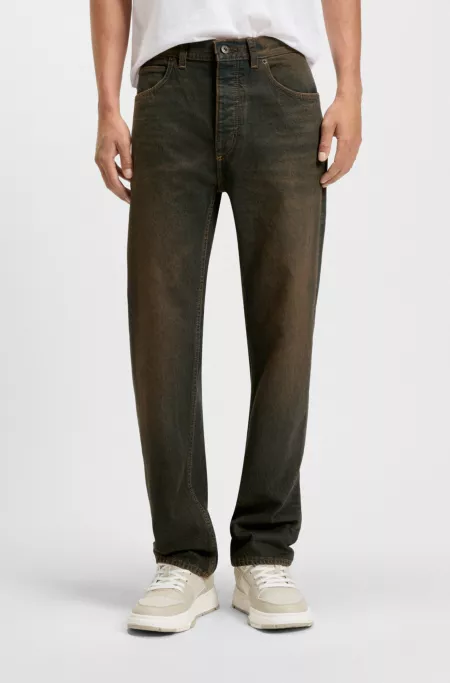 Green-cast regular-fit jeans in rigid denim